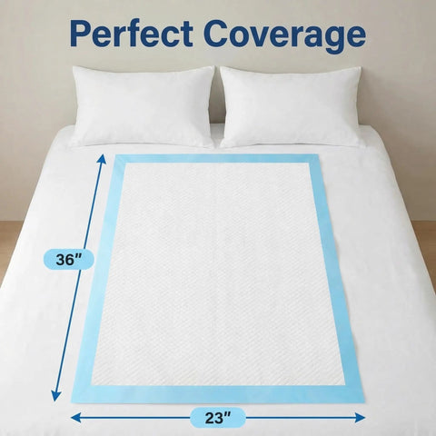 Legit Super Absorbent 23 X 36 Inch Disposable Underpads For Adults Incontinence And Seniors Straight Up Leak Proof Overnight Bed Pads Heavy Duty Pee Pads For Multi Purpose Mattress Protection 40 Count on a bed.