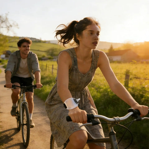 Cyclist wearing Hands Free Wrist Water Bottle For Running And Cycling With Secure Strap, enjoying outdoor biking, sunlit path.