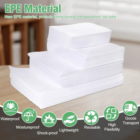 Stack of EPE foam sheets from the 540Pcs Dish Packing Supplies Moving Kit with 200 Cushion Foam Pouches in Four Sizes, 270 Foam Sheets, and 70 Fragile Stickers for Easy Plate Packing, Safe Shipping, and Storage.