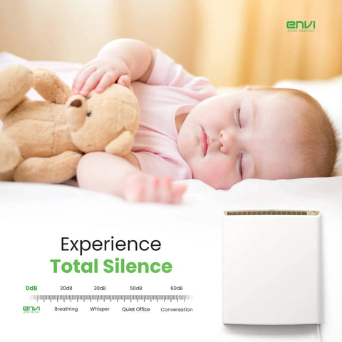 Sleeping baby with teddy bear next to plug in wall panel heater for indoor use delivers energy efficient low wattage comfort.