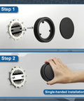Installation steps for Slick Matte Black Tub Overflow Cover For Traditional Standard Bathtubs, showcasing parts and single-handed use.