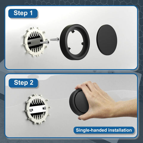 Installation steps for Slick Matte Black Tub Overflow Cover For Traditional Standard Bathtubs, showcasing parts and single-handed use.