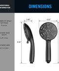 8 Setting Handheld Shower Head Set With Detachable Heads shown with dimensions in matte black, front and side views