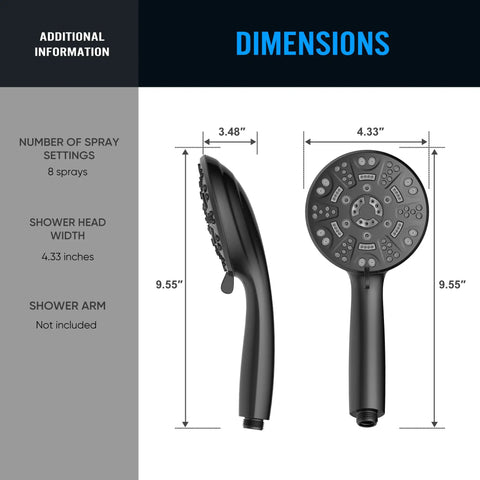 8 Setting Handheld Shower Head Set With Detachable Heads shown with dimensions in matte black, front and side views