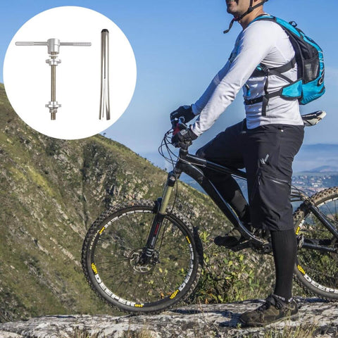 Bike Headset And Bottom Bracket Press Tool Set Pro Grade Center Shaft Bearing Installer with cyclist on mountain trail