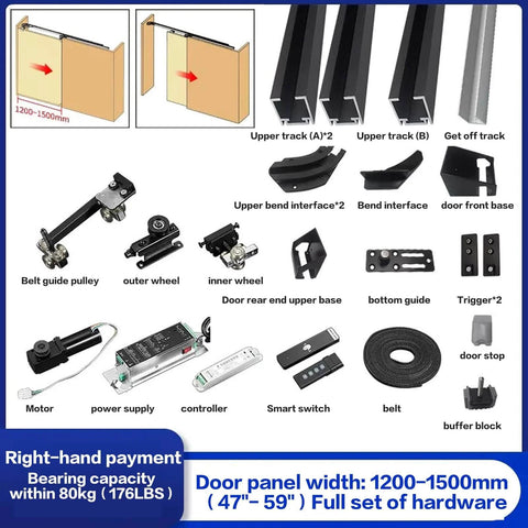 Motorized Flush Hidden Sliding Barn Door Hardware Kit For 47.2 To 59 Inch Doors, full set of components and track system displayed.