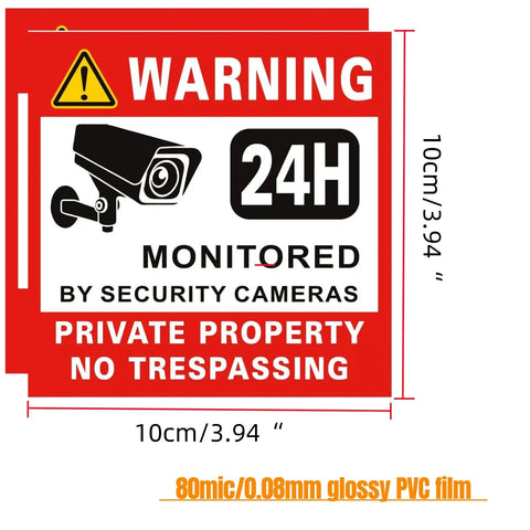Warning sign for monitored property with security cameras, 10cm size, made of 80 mic glossy PVC film.