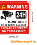 Red security camera warning sign with "24H Monitored by Security Cameras" text on 80 mic glossy PVC film, 10cm square size.