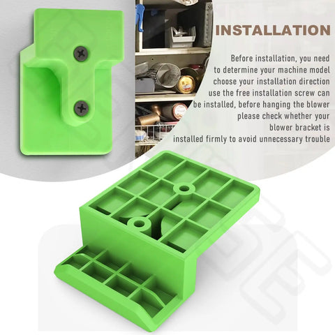 Leaf Blower Wall Mount Bracket With Screws Fits 530 CFM And 615 650 CFM Models Green Durable Mounting Solution For Your Blower No Fuss Install Secure Fit Indoor Or Outdoor Use displayed with installation instructions.