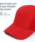Red cap showing hand wash care instructions, not Womens High Ponytail Baseball Cap With Patented Open Back Design For Easy Ponytails.