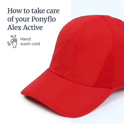 Red cap showing hand wash care instructions, not Womens High Ponytail Baseball Cap With Patented Open Back Design For Easy Ponytails.