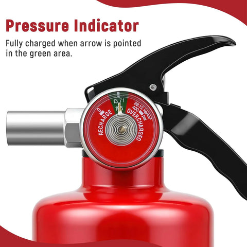 Two Pack Of 2.5 Pound ABC Fire Extinguishers UL ANSI 299 Certified pressure indicator on top, showing safe charge levels.