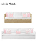 Coastal Stripe Pillow Cover 20x20 For Indoor Outdoor Use on wicker and white sofas, blush pink stripes, fringe edge, mix and match style.