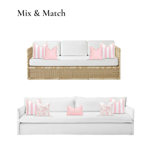 Coastal Stripe Pillow Cover 20x20 For Indoor Outdoor Use on wicker and white sofas, blush pink stripes, fringe edge, mix and match style.