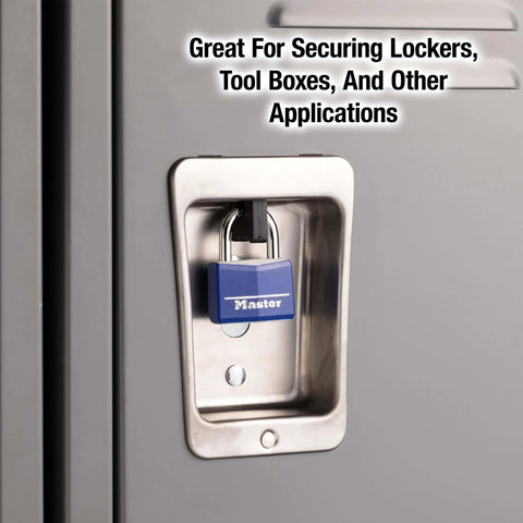 Blue Vinyl Covered Aluminum Keyed Padlock for Indoor Outdoor Use on locker, small lock with hardened steel shackle and four pin cylinder.
