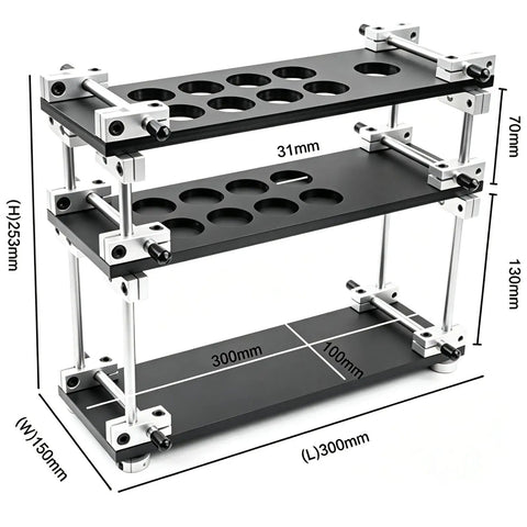 Single Dose Coffee Bean Container Coffee Station Organizer Rack with 8 Sealed Glass Vials on a black metal frame.