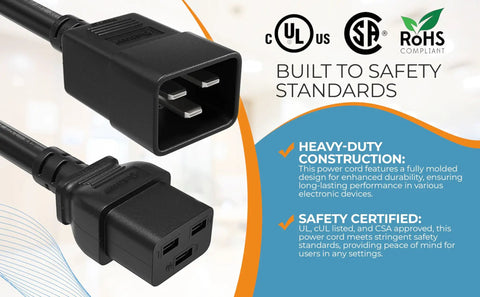 Premium 12 AWG Heavy Duty Power Cord Cable For Servers and PDUs IEC320 C20 To C19 4ft Plug with molded connectors and safety certifications.