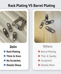 Comparison of Anti Theft Zipper Clips with Double Opening Carabiner Set, showing rack plating versus barrel plating quality differences