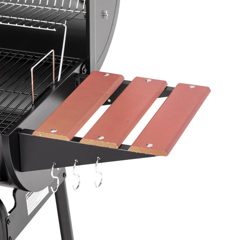 30 Barrel Charcoal Grill With Wood Painted Side Front Table And 627 Sq In Cooking Space For Backyard BBQs, Outdoor Parties, And Patio Grilling, For Backyard Parties And Weekend Cookouts, Black showing side table and grill hooks.