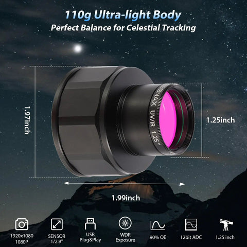 Nova200 Telescope Camera 1080P USB Astronomy Cam with 1.25 inch eyepiece and UV IR cut filter in celestial background.