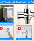 Brass Bidet T Adapter With Shut Off Valve, 3 Way Tee Connector For Toilet Bidet Attachment, shown with toilet install