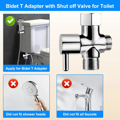 Brass Bidet T Adapter With Shut Off Valve, 3 Way Tee Connector For Toilet Bidet Attachment, shown with toilet install