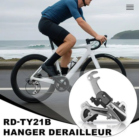 Rear Derailleur TY21B 6/7 Speed Hanger Mount on mountain bike, showing aluminum alloy build and 11T guide wheel for smooth shifting.