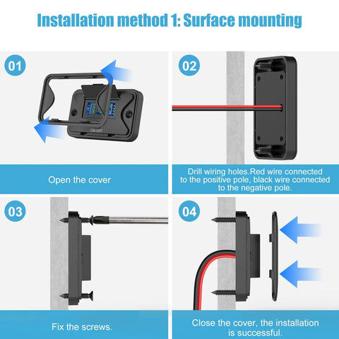 Installation guide for Two Pack 78W 4 Port 12V USB Wall Mount Charger Panel showing surface mounting steps 1 to 4.
