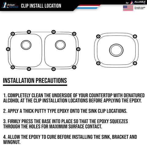 Diagram showing installation of Heavy Duty Sink Clips 25 Pack for undermount sinks and surfaces with epoxy construction method.