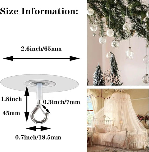 Detail image of Heavy Duty Peel And Stick Ceiling Hooks Two Pack showing size dimensions and use for home storage decor.