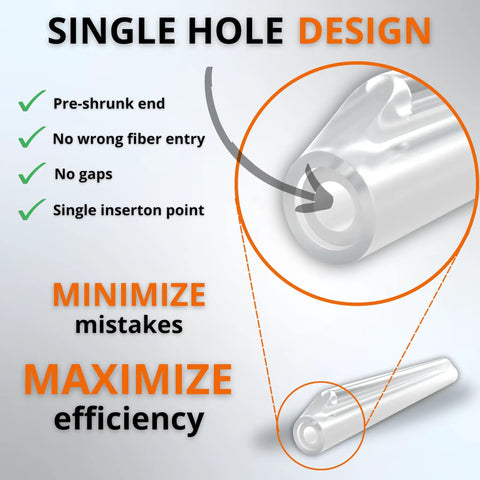 Fiber Optic Fusion Splice Sleeves 60mm 2.6mm OD 500 Pack Bulk Heat Shrink Protectors with single hole design and preshrunk end