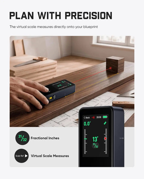 Pro Grade Laser Distance Meter With 2.4 Inch IPS Touchscreen, 178 Degree Viewing, 165 Feet Range, Angle Sensor, Bubble Level, Large Font Readouts, Built For Quick, Easy Measurements On The Job Site measuring wood block on blueprint