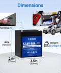 12V 6Ah Mini LiFePO4 Deep Cycle Battery With Built In BMS For Lighting UPS RV Fish Finder Camping And Ride On Toys, Rechargeable Power Pack With 4000 Plus Cycles, Safe And Durable Compact Design, Charger Not Included shown with dimensions.