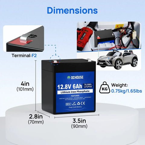 12V 6Ah Mini LiFePO4 Deep Cycle Battery With Built In BMS For Lighting UPS RV Fish Finder Camping And Ride On Toys, Rechargeable Power Pack With 4000 Plus Cycles, Safe And Durable Compact Design, Charger Not Included shown with dimensions.