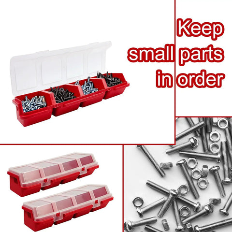 6 Pack Screw Organizer Storage Bins With Lids, stackable red plastic hardware box showing compartments with screws and bolts