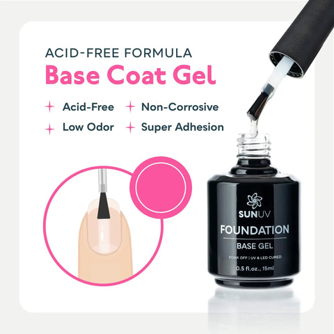Gel Base Coat And Top Coat Set 15ml No Wipe High Gloss Nail Kit bottle with brush applying on nail