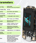 ESP32 S3 LoRa V4 Development Board Duo With L76 Gnss Gps Module And 3000 Mah Battery Plus Green Case side view with specifications.