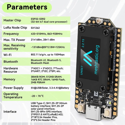 ESP32 S3 LoRa V4 Development Board Duo With L76 Gnss Gps Module And 3000 Mah Battery Plus Green Case side view with specifications.