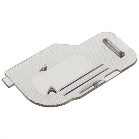 Bobbin cover plate for Brother/Babylock sewing machines, angled top view, silver metal, XC2369051