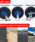 Heavy Duty Pneumatic Rubber Swivel Caster Wheels 8 Inch 4 Pack showing swivel, fixed, and brake caster types with blue accents.