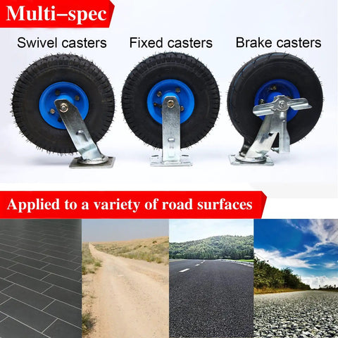 Heavy Duty Pneumatic Rubber Swivel Caster Wheels 8 Inch 4 Pack showing swivel, fixed, and brake caster types with blue accents.