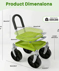 Swivel Garden Stool With 360 Degree Wheels And Height Adjustable Seat From 12.6 To 16.1 Inches Rolling Cart With Back Tool Pouch