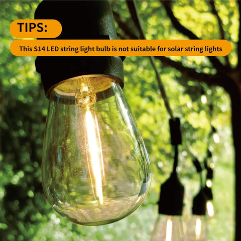 Close-up of 30 Pack S14 Edison LED Bulbs For String Lights Shatterproof Filament Clear Bulb Low Wattage E26 Medium Base
