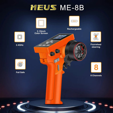 8 Channel 2.4GHz RC Transmitter With Receiver with 3.15 inch screen and features displayed against black background