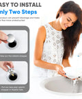 Woman installing Universal Stainless Steel Bathroom Sink Stopper with Pop Up Drain Plug and Hair Catcher, two steps shown