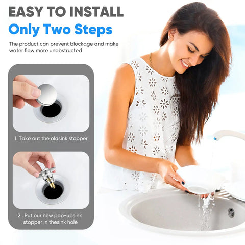 Woman installing Universal Stainless Steel Bathroom Sink Stopper with Pop Up Drain Plug and Hair Catcher, two steps shown