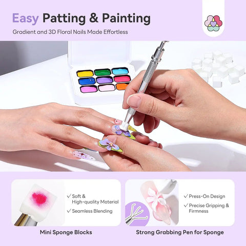 Pat Pat Gel Polish Palette Kit With 9 Colors No Wipe Blooming Gels 3D Flower Mold Sponges And Sculpting Gel in use for nail art