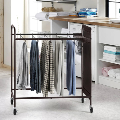 Four Wheel Pants Rack With 30 Hangers And Built In Oxford Bag For Small Items in laundry room setting, organizing clothes.