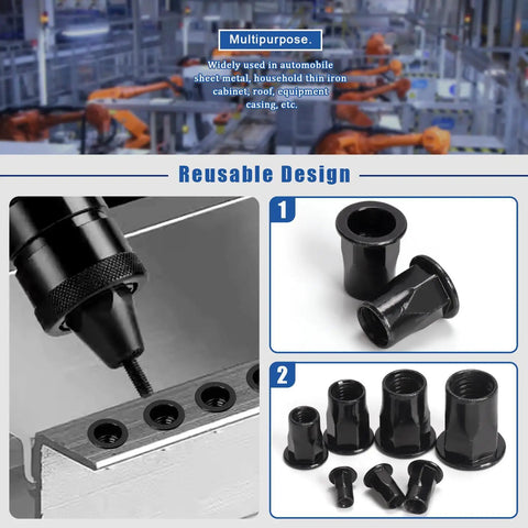 250 Piece Threaded Rivet Nuts Set M3 Through M12 Half Hex Head Black Zinc Plated Carbon Steel Flat Head Rivnuts Built Tough
