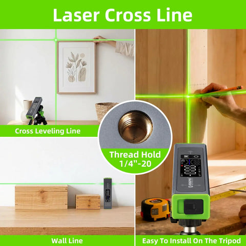 Handy All In One Digital Level With LCD Display And Magnetic Aluminum Angle Finder, Laser Level With 100 Ft Cross Line And Wall Line For Hanging Frames And Pictures, USB C Rechargeable shown on tripod